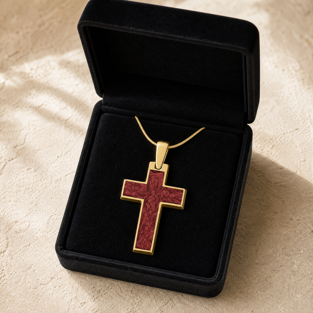 Solid 14K Gold Cultured Cross with Crimson Ash Resin Jewelry