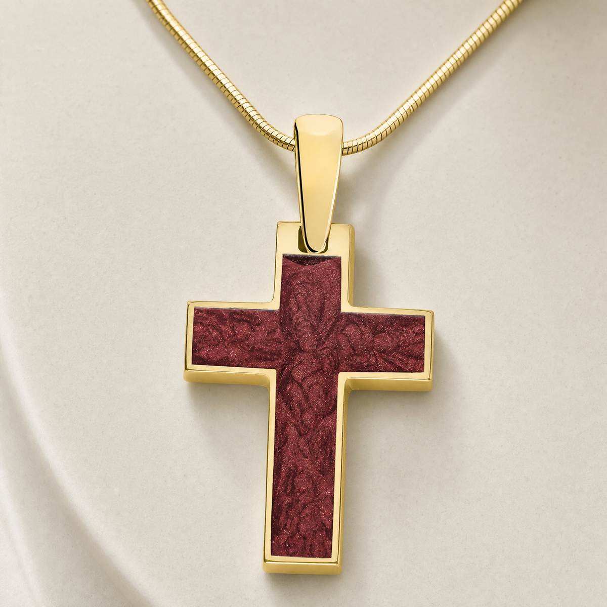 Solid 14K Gold Cultured Cross with Crimson Ash Resin Jewelry
