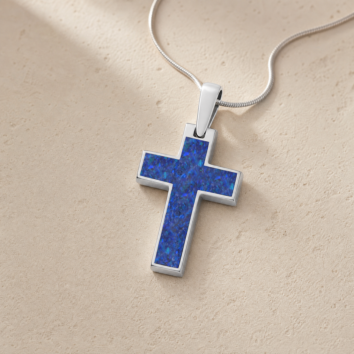 Cultured Cross Sterling Silver with Opal Blue Waters Ash Resin Jewelry