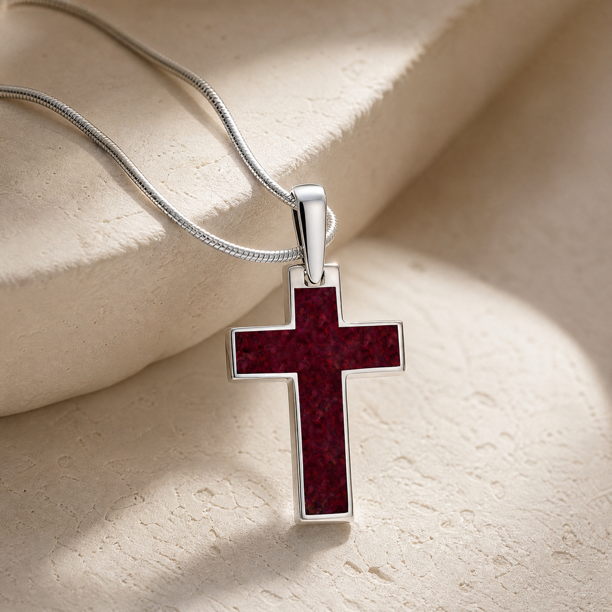 Solid 14K White Gold Cultured Cross with Scarlet Pearl Opal Ash Resin Jewelry