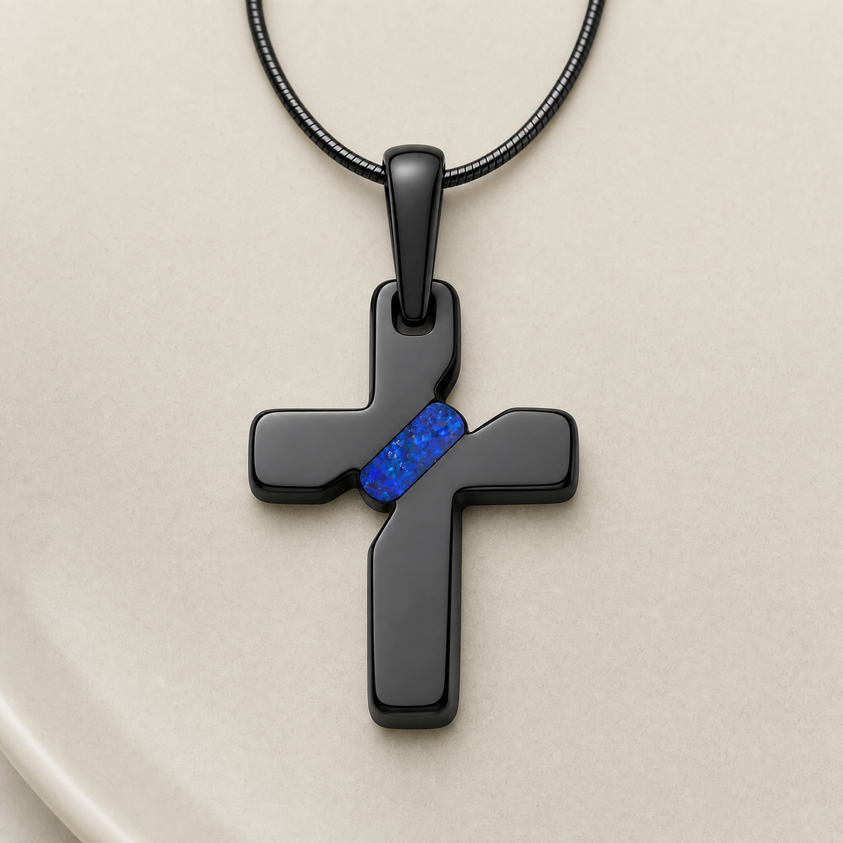 Honoring Cross Black Finish with Opal Blue Waters Ash Resin Jewelry