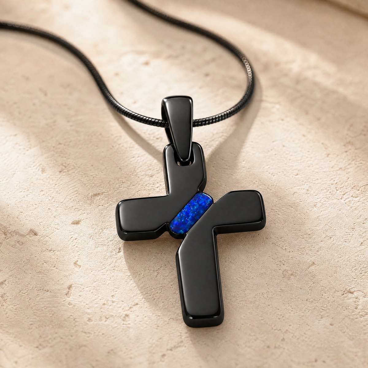 Honoring Cross Black Finish with Opal Blue Waters Ash Resin Jewelry