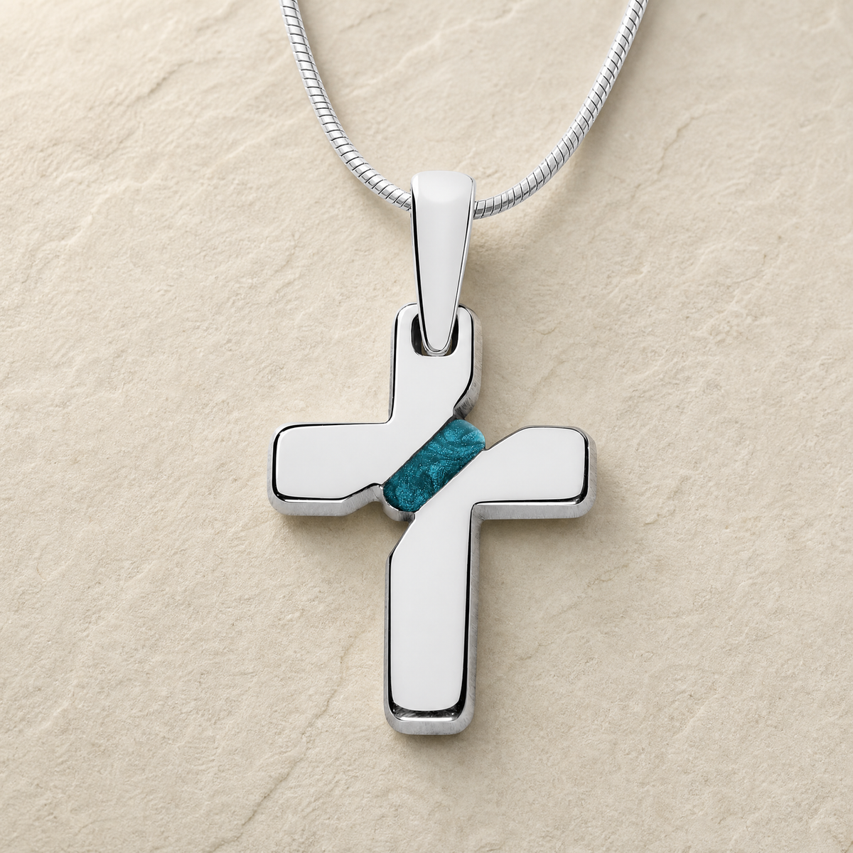 Solid 14K White Gold Honoring Cross with Aqua Ash Resin Jewelry