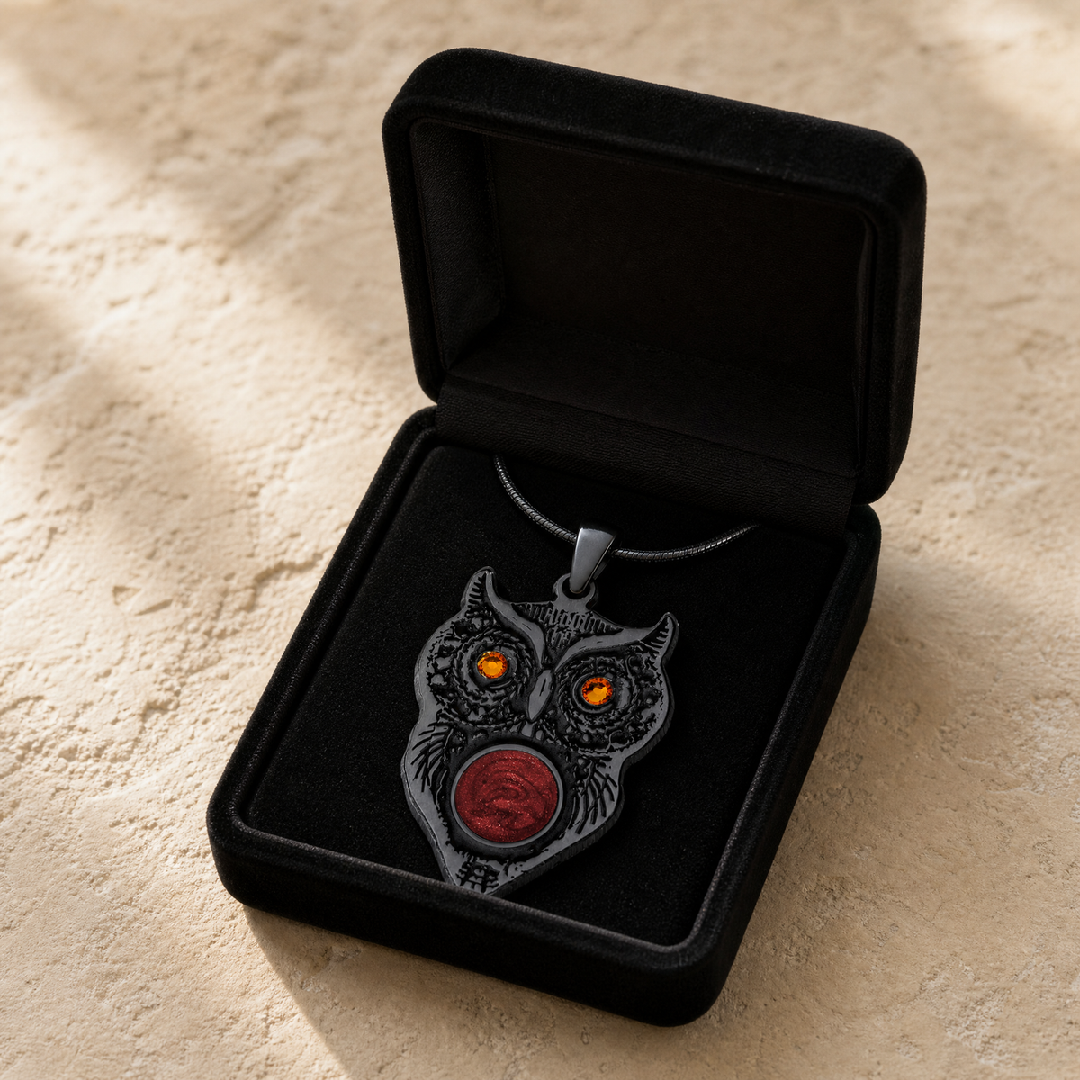 Black Finish Wise Owl Birthstone with Crimson Ash Resin Jewelry