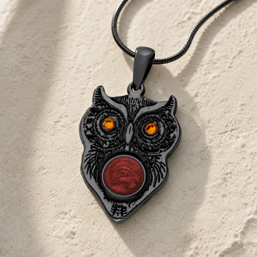 Black Finish Wise Owl Birthstone with Crimson Ash Resin Jewelry