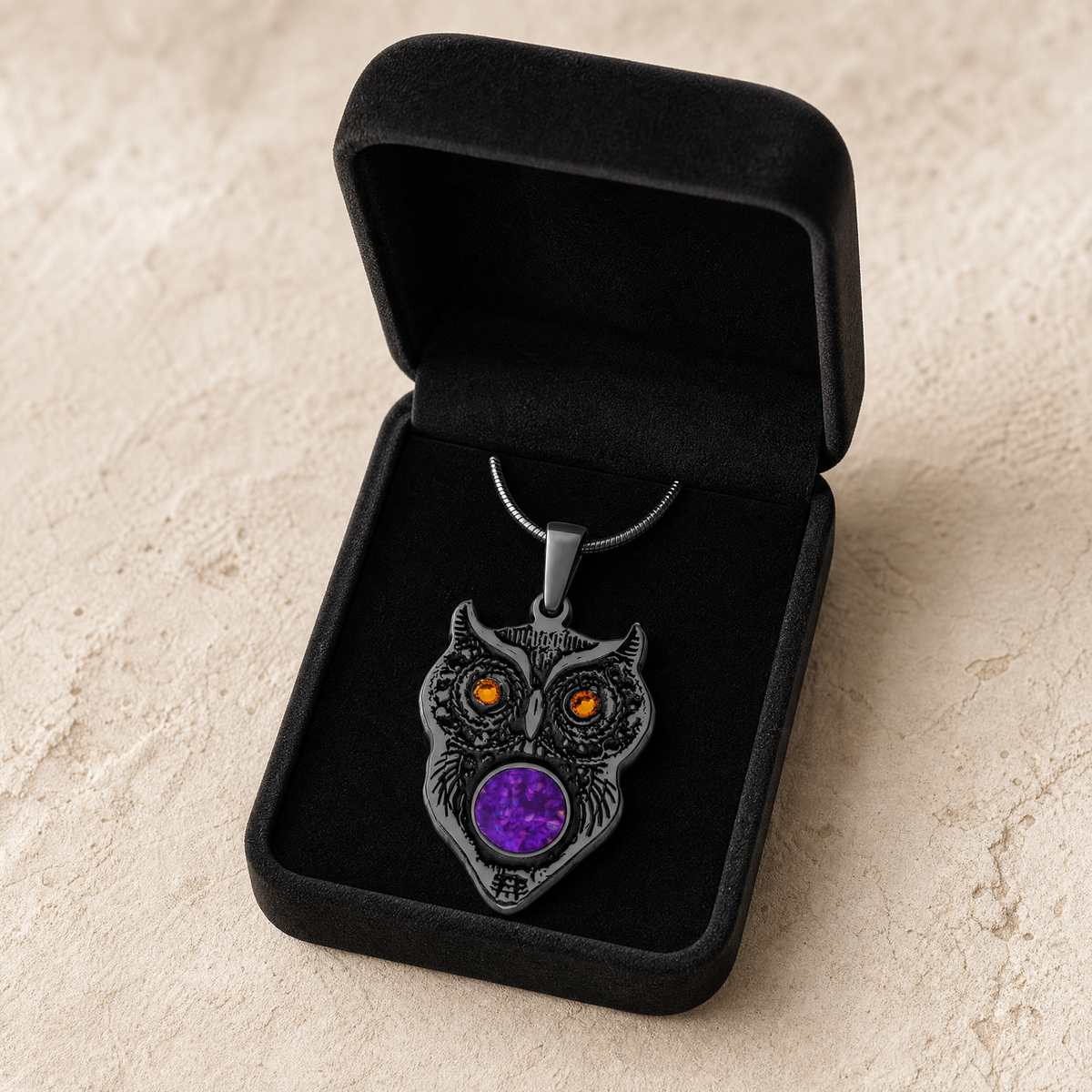 Black Finish Wise Owl Birthstone with Lilac Pearl Opal Ash Resin Jewelry