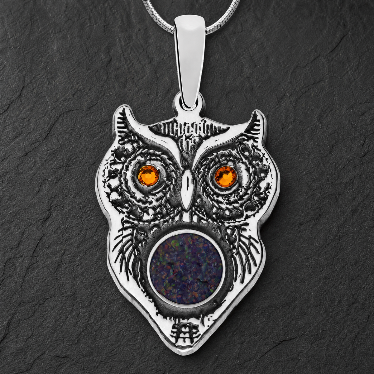 Sterling Silver Wise Owl Birthstone with Black Flame Opal Ash Resin Jewelry