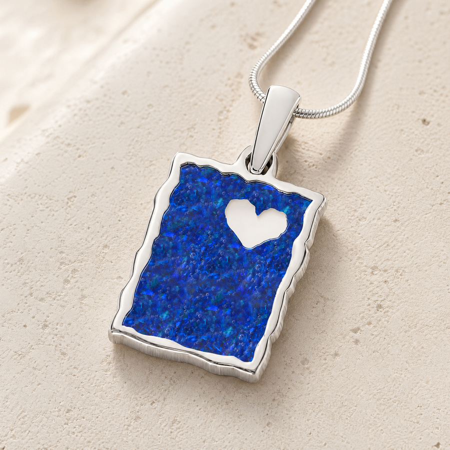 Solid 14K White Gold Adored Rectangle with Opal Blue Waters Ash Resin Jewelry