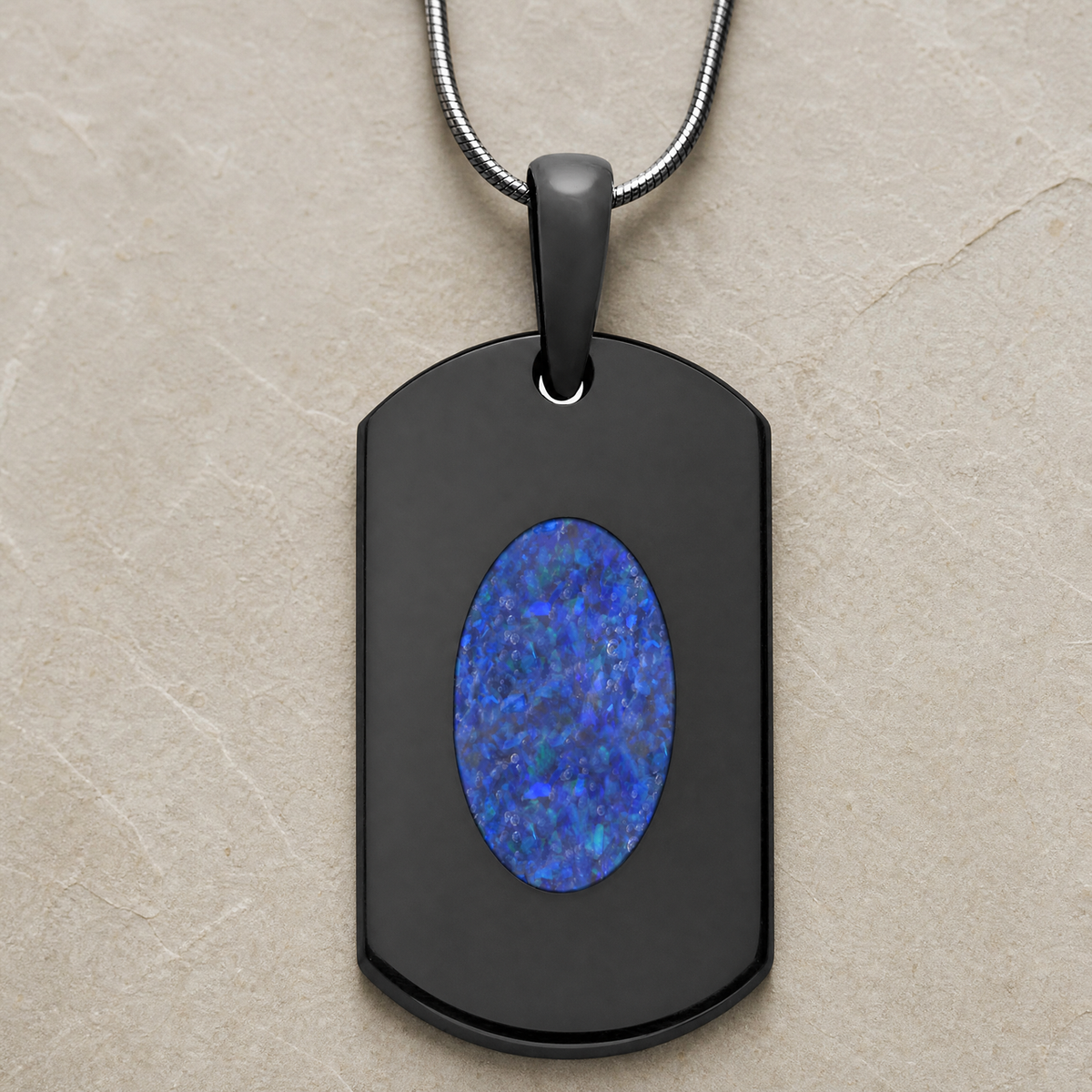 Honored Rectangle Black Finish with Opal Blue Waters Ash Resin Jewelry