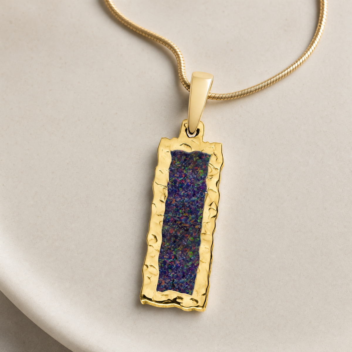 Solid 14K Gold Lasting Long Rectangle with Black Flame Opal Ash Resin Jewelry