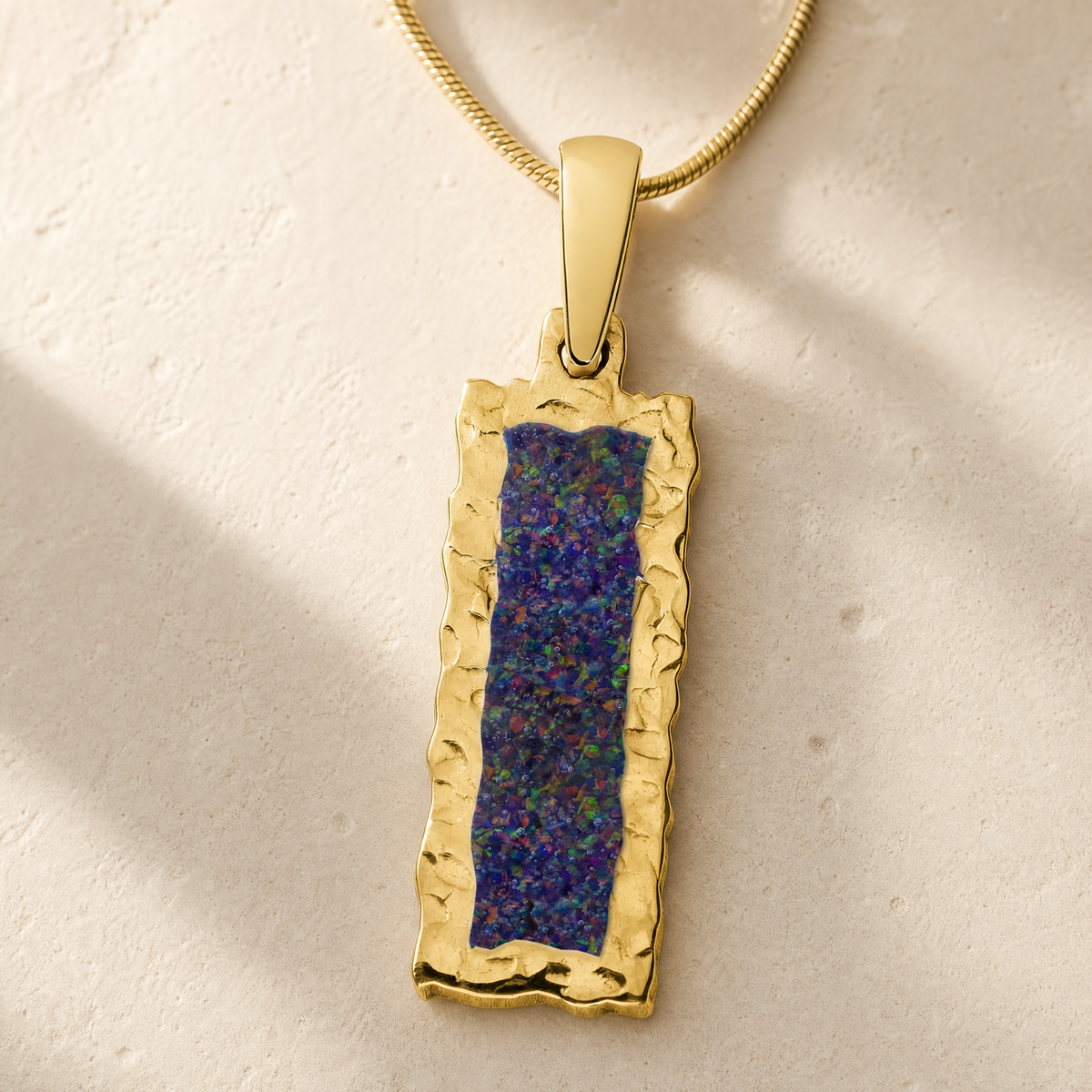 Solid 14K Gold Lasting Long Rectangle with Black Flame Opal Ash Resin Jewelry