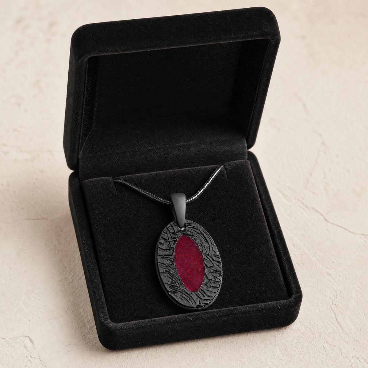 Heartfelt Oval Black Finish with Scarlet Pearl Opal Ash Resin Jewelry