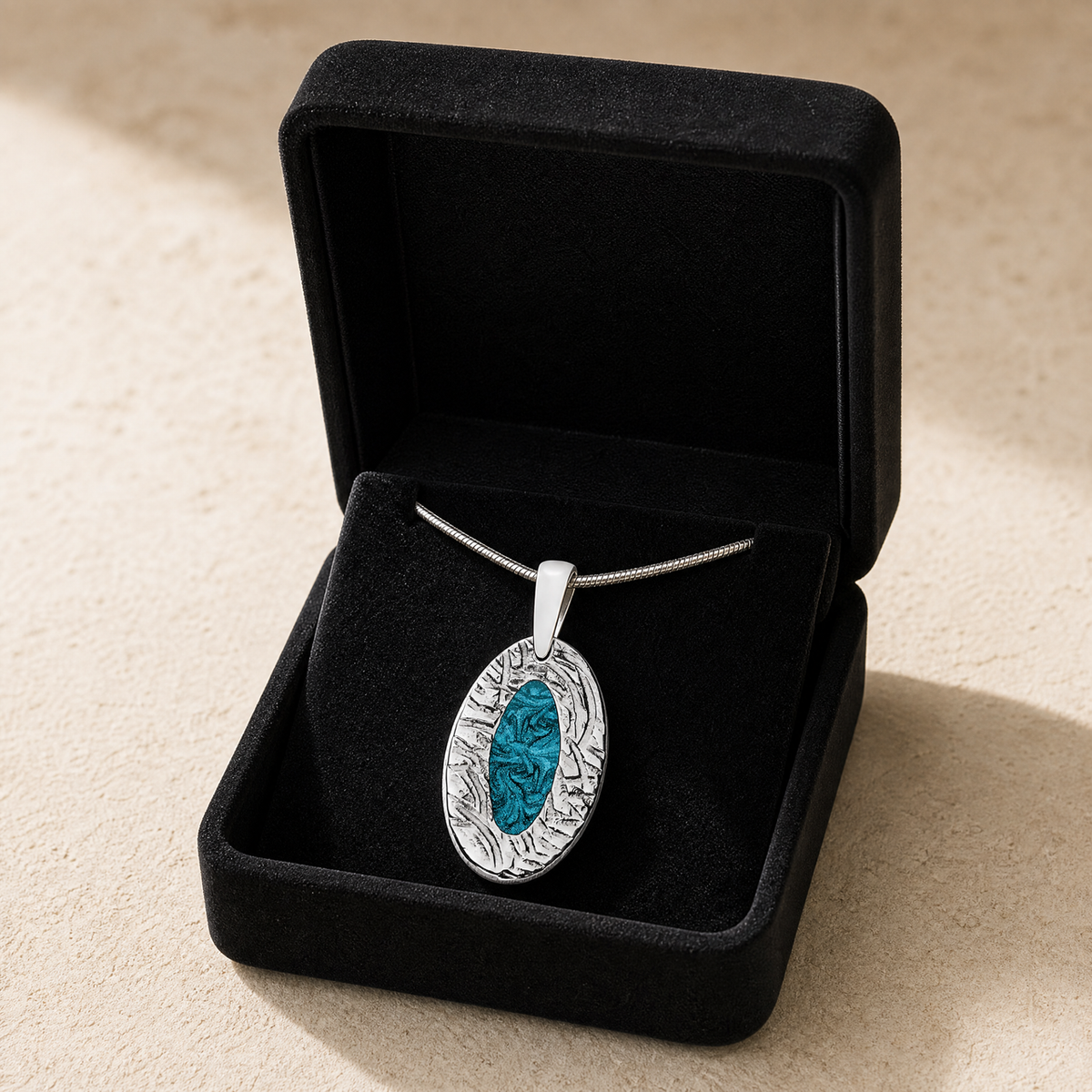 Solid 14K White Gold Heartfelt Oval with Aqua Ash Resin Jewelry
