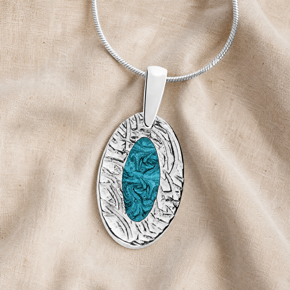 Solid 14K White Gold Heartfelt Oval with Aqua Ash Resin Jewelry