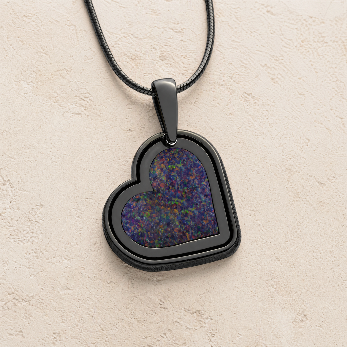 Attentive Heart Black Finish with Black Flame Opal Ash Resin Jewelry