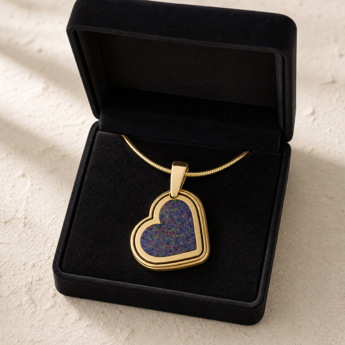 Solid 14K Gold Attentive Heart with Black Flame Opal Ash Resin Jewelry