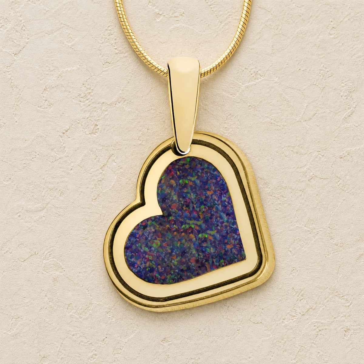 Solid 14K Gold Attentive Heart with Black Flame Opal Ash Resin Jewelry