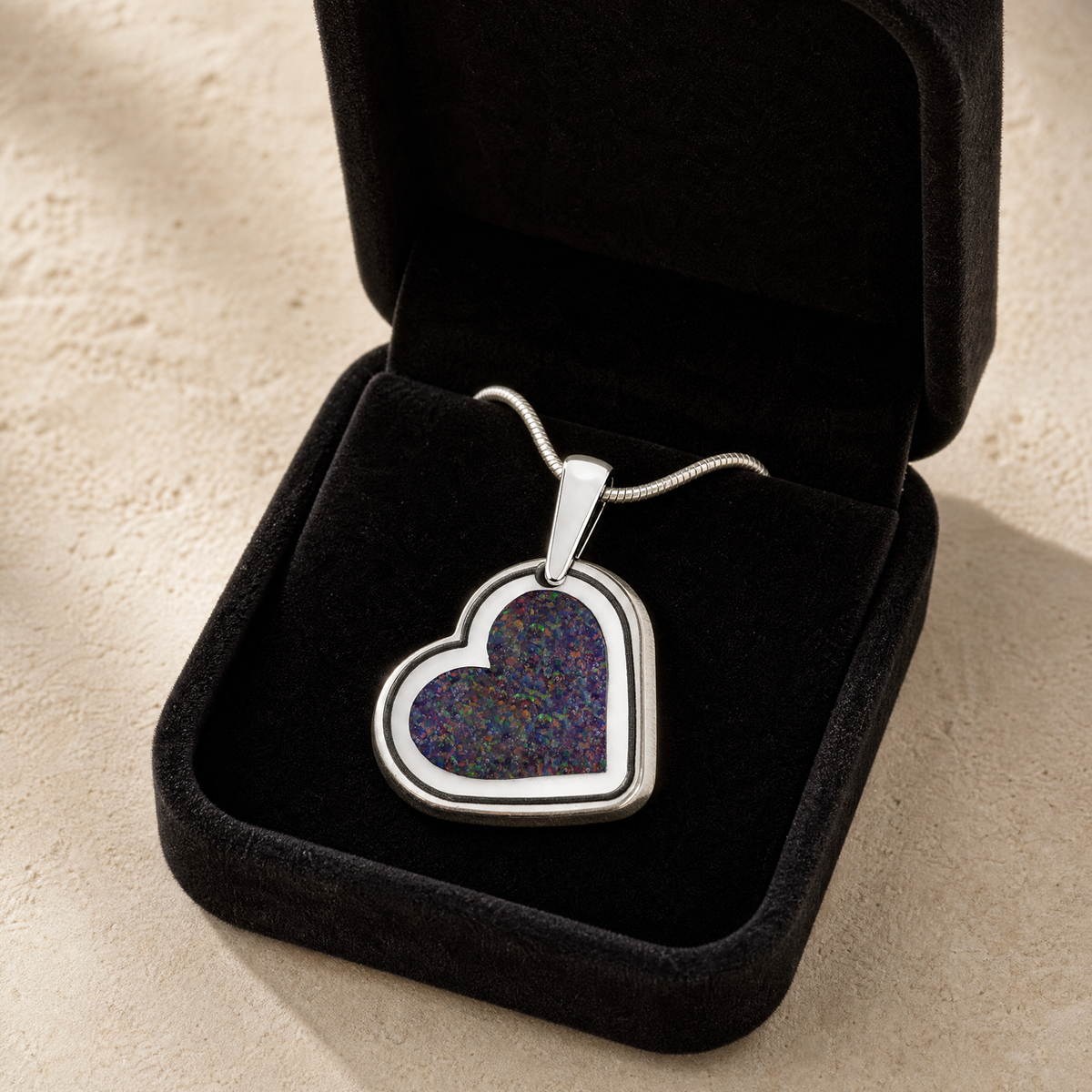Attentive Heart Sterling Silver with Black Flame Opal Ash Resin Jewelry