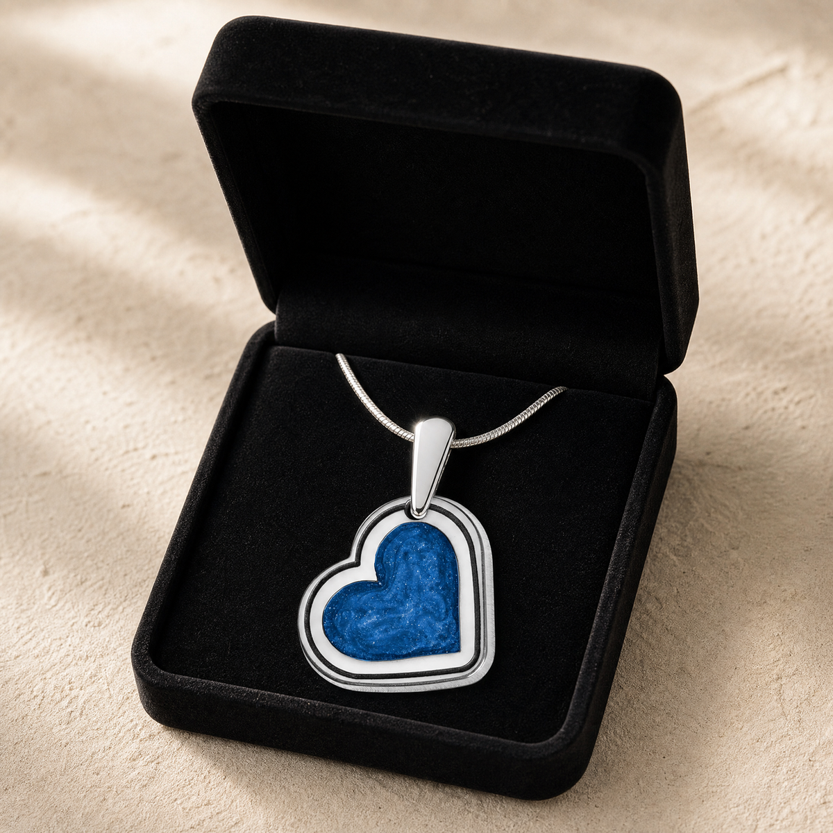 Solid 14K White Gold Attentive Heart with Cobalt Ash Resin Jewelry