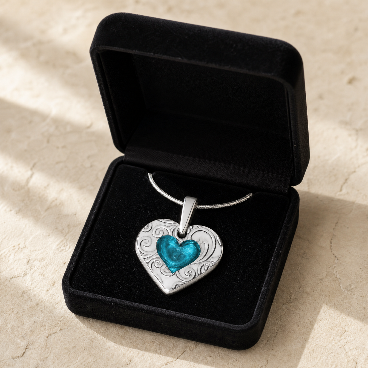 Solid 14K White Gold Pleasant Heart with Aqua Ash Resin Jewelry