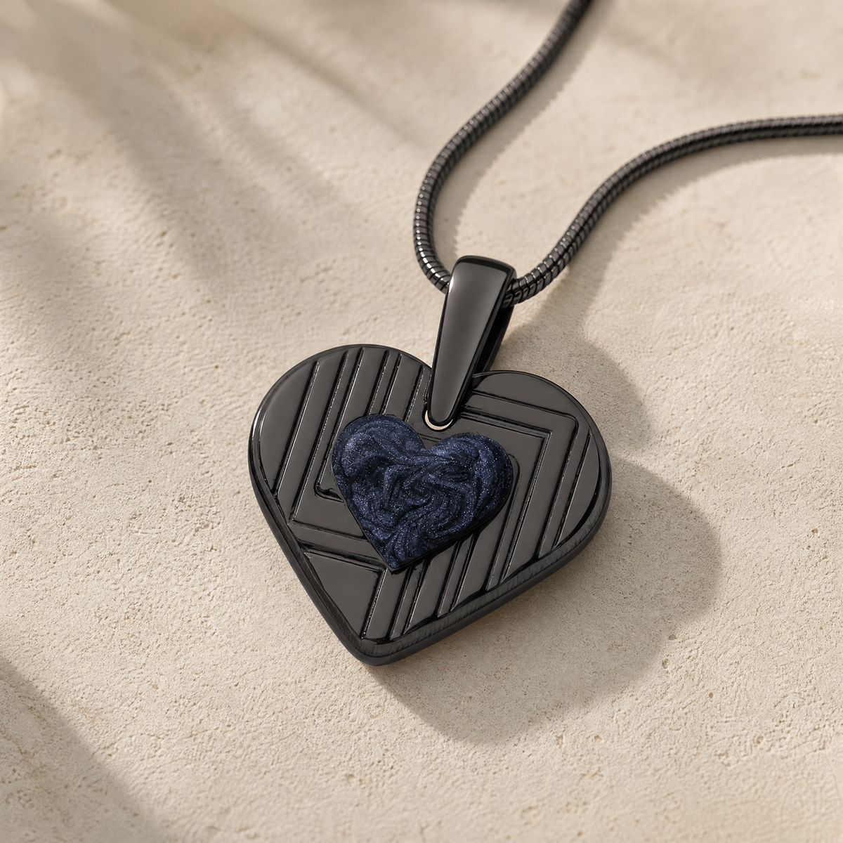 Lined Heart Black Finish with Slate Ash Resin Jewelry