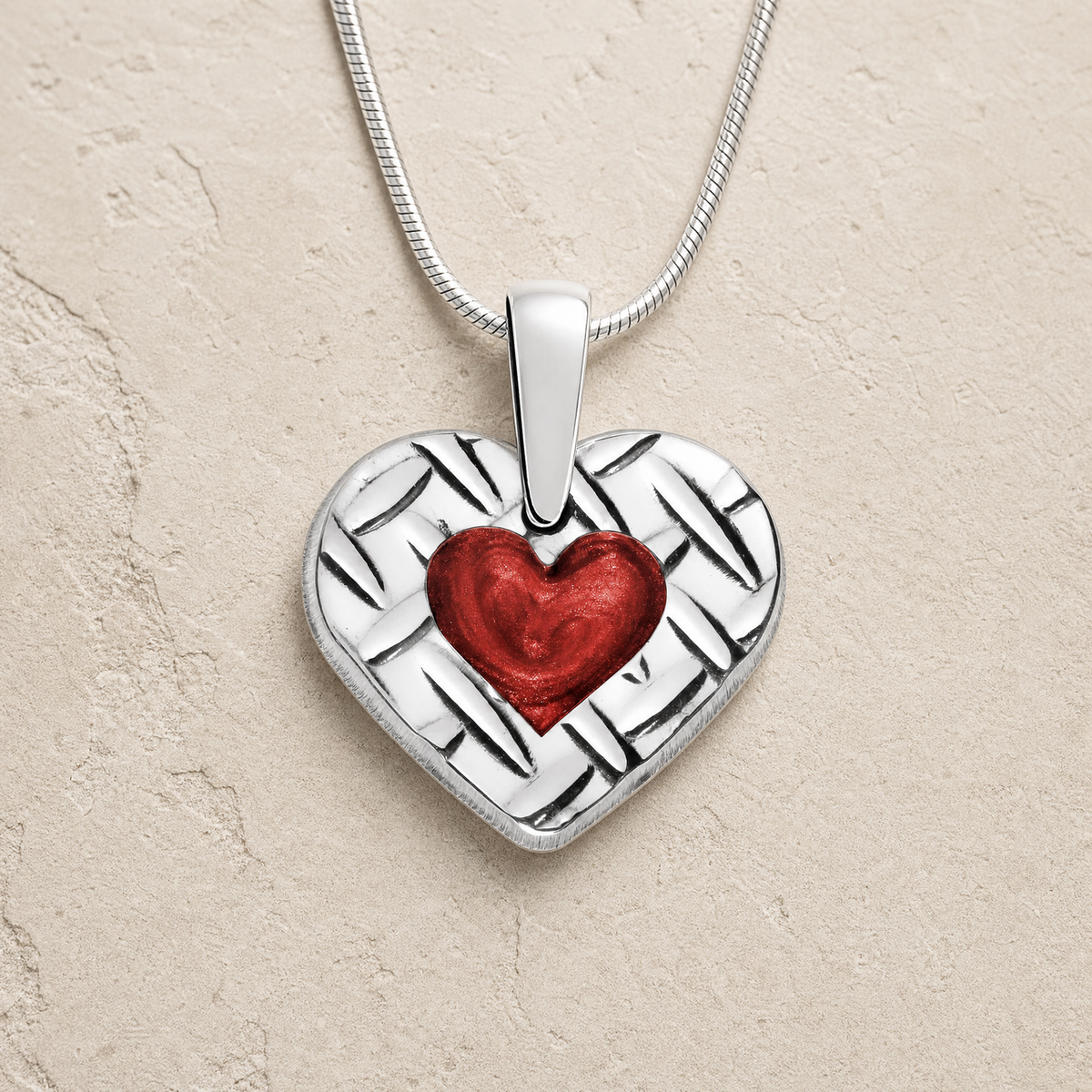 Woven Heart Sterling Silver with Crimson Ash Resin Jewelry