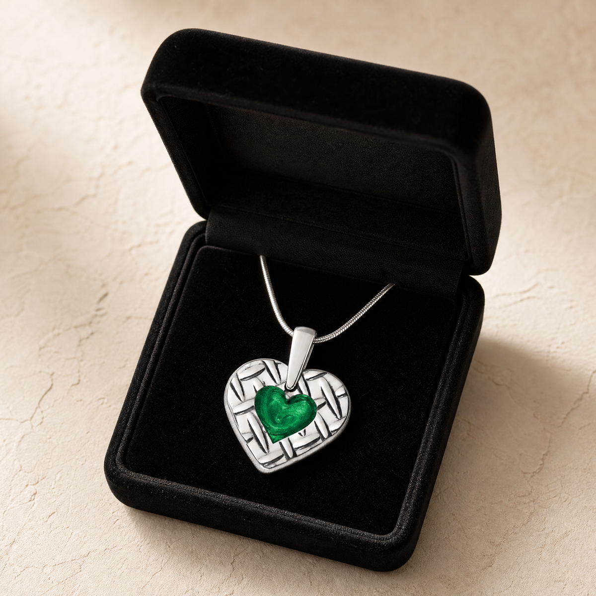 Solid 14K White Gold Woven Heart with Seafoam Ash Resin Jewelry