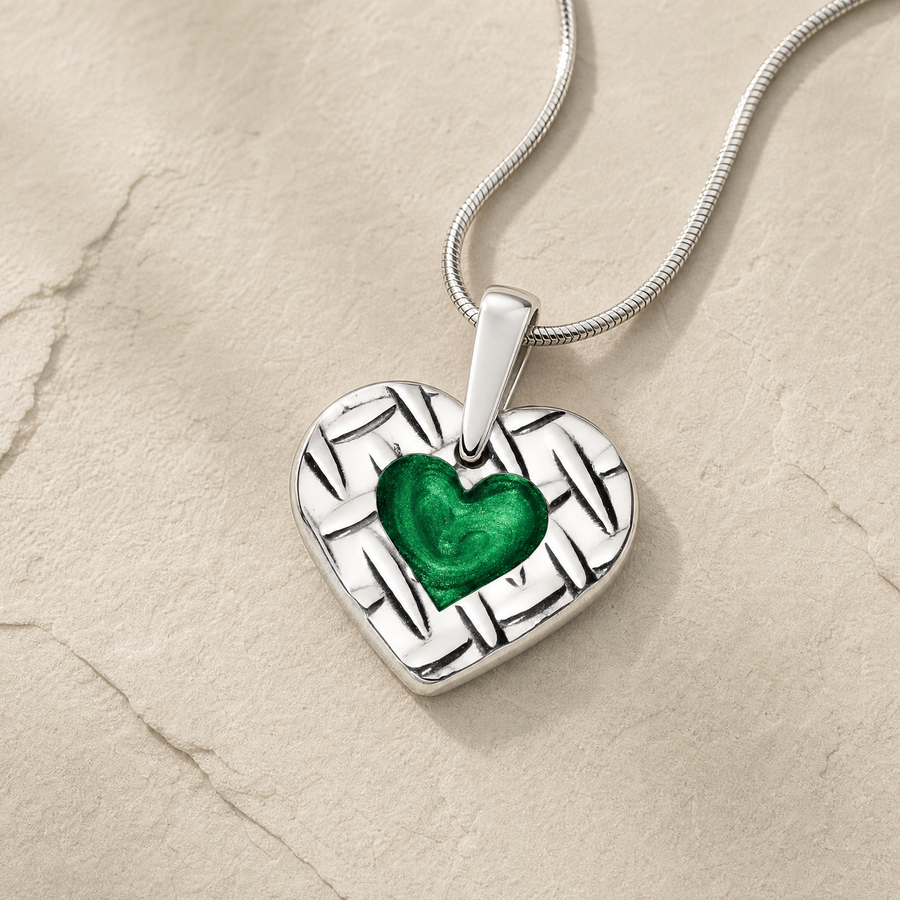 Solid 14K White Gold Woven Heart with Seafoam Ash Resin Jewelry