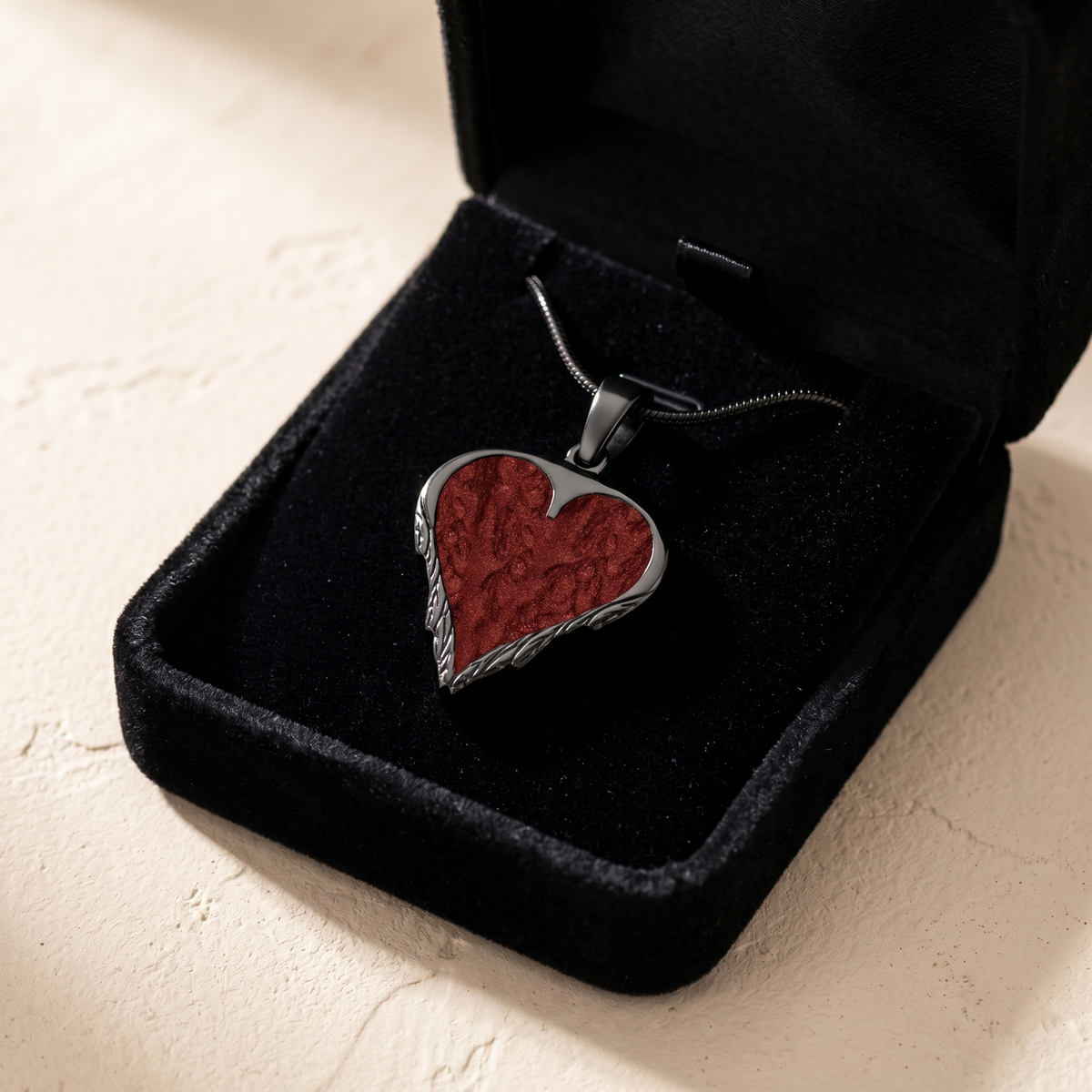 Feathered Heart Black Finish with Crimson Ash Resin Jewelry
