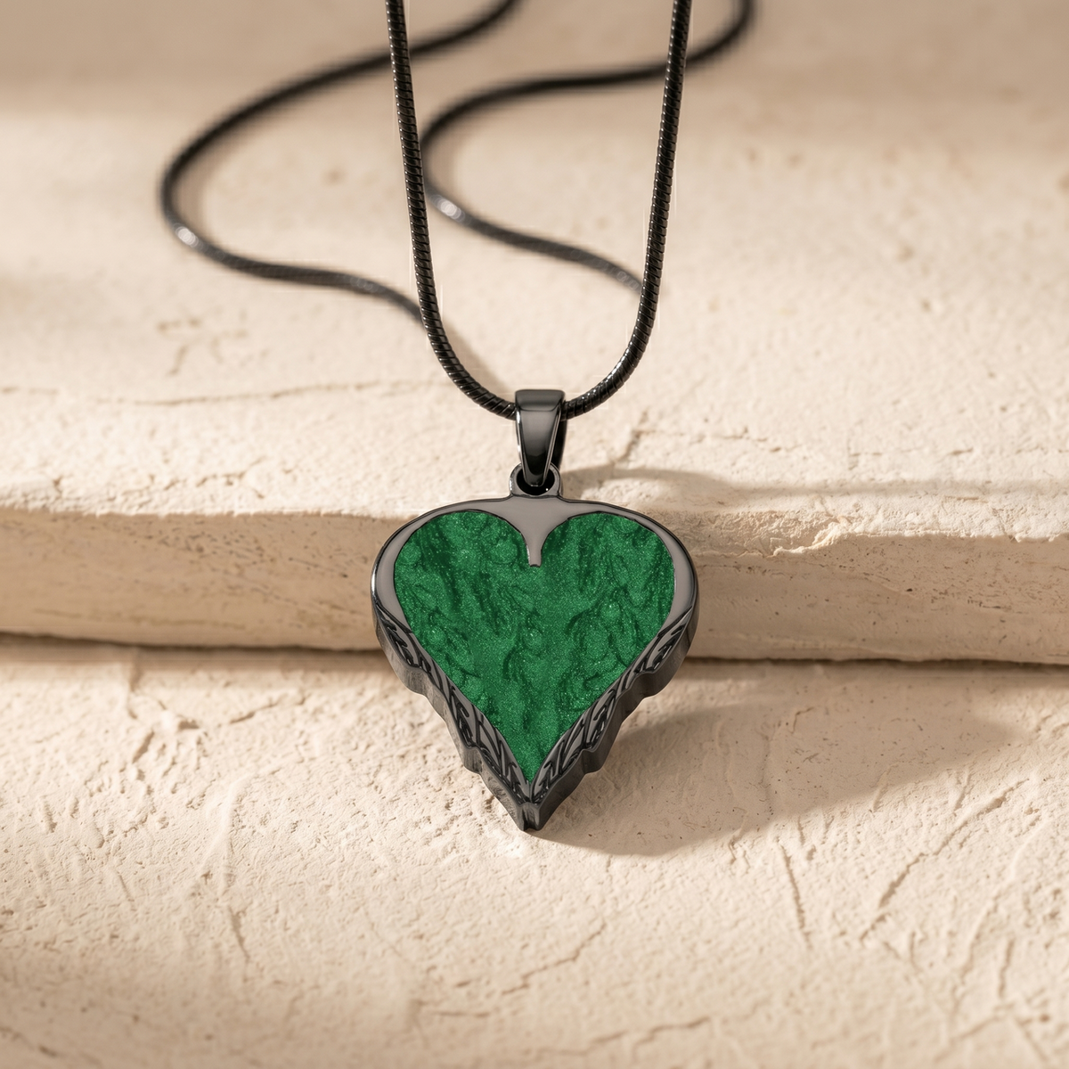 Feathered Heart Black Finish with Seafoam Ash Resin Jewelry