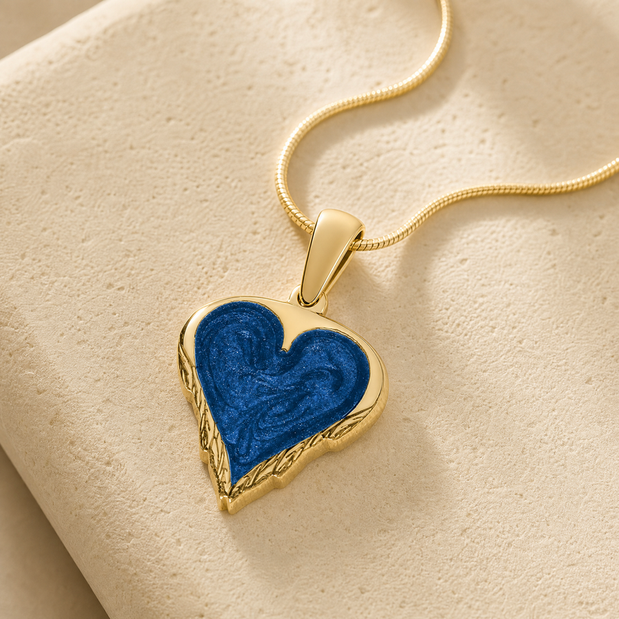 Solid 14K Gold Feathered Heart with Cobalt Ash Resin Jewelry
