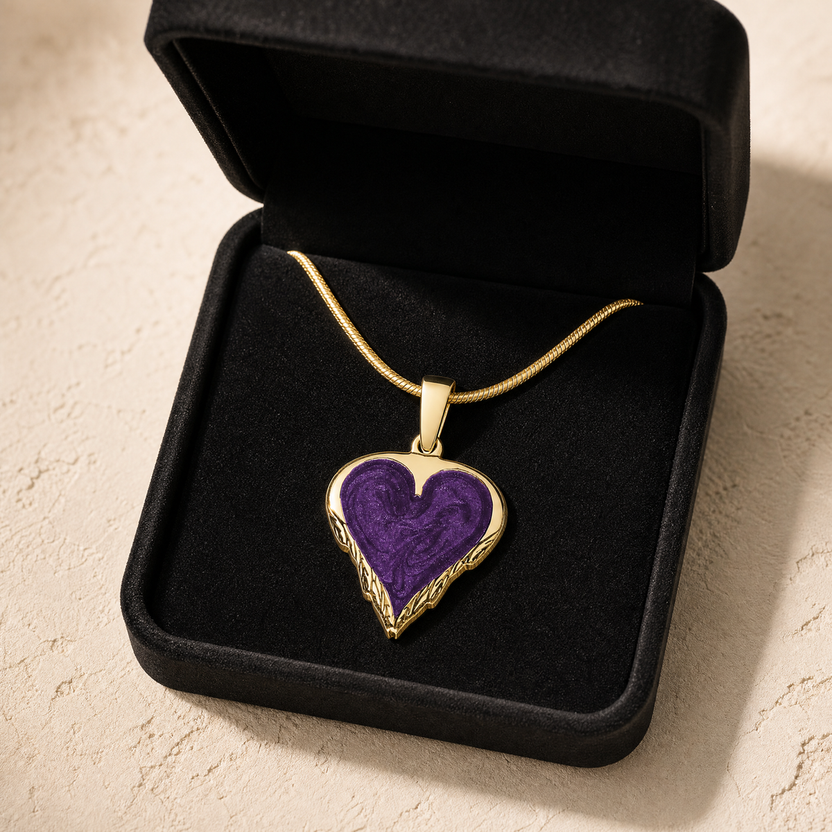Solid 14K Gold Feathered Heart with Mullberry Ash Resin Jewelry