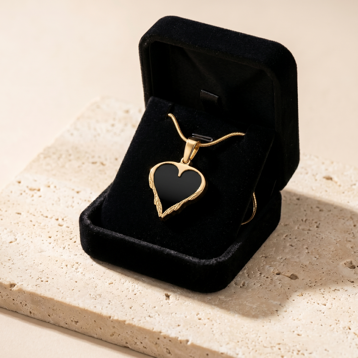 Solid 14K Gold Feathered Heart with Black Ash Resin Jewelry