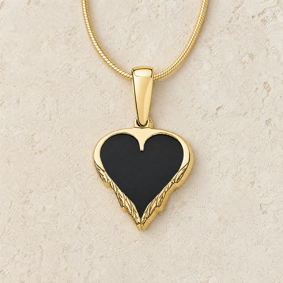 Solid 14K Gold Feathered Heart with Black Ash Resin Jewelry