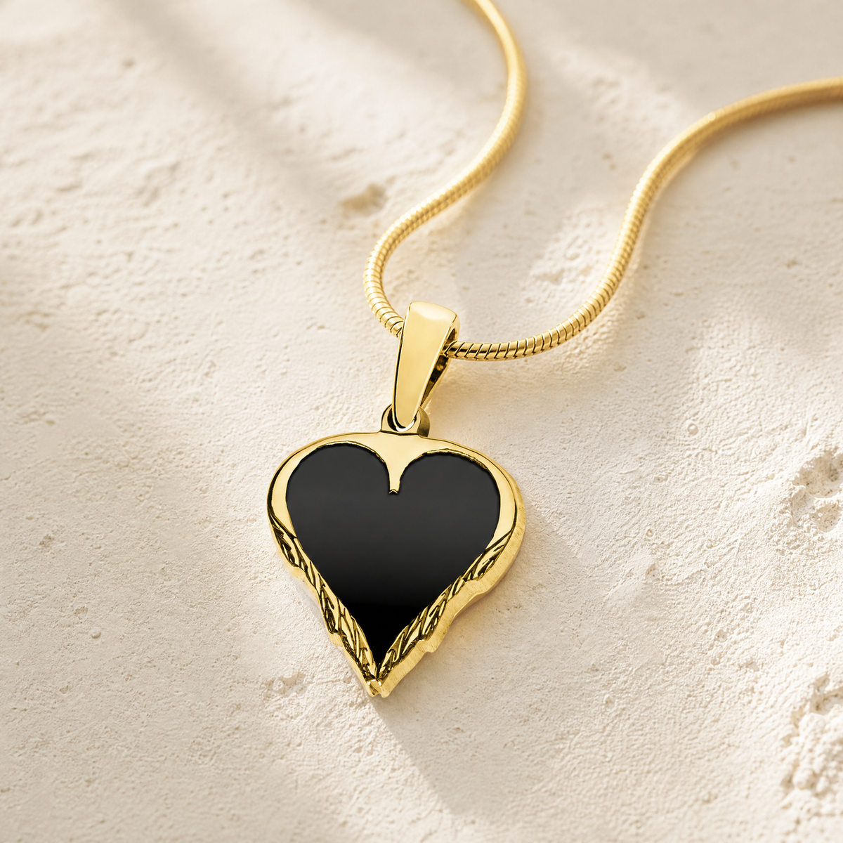 Solid 14K Gold Feathered Heart with Black Ash Resin Jewelry