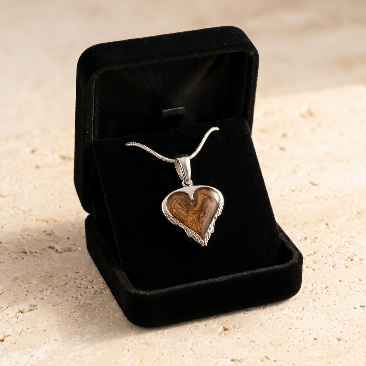 Feathered Heart Sterling Silver with Carob Ash Resin Jewelry