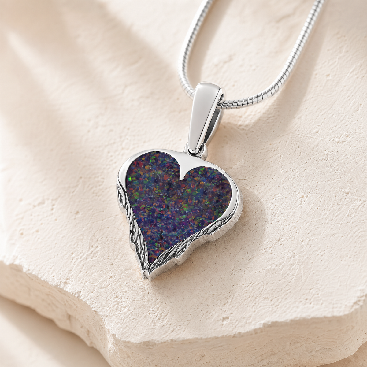 Feathered Heart Sterling Silver with Black Flame Opal Ash Resin Jewelry