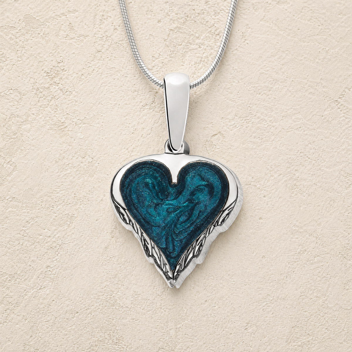 Solid 14K White Gold Feathered Heart Ash Resin Jewelry