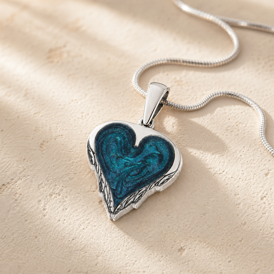 Solid 14K White Gold Feathered Heart Ash Resin Jewelry