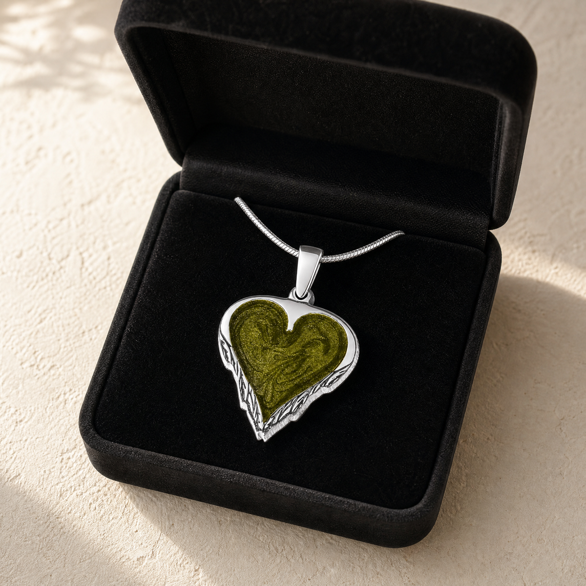 Solid 14K White Gold Feathered Heart with Sage Ash Resin Jewelry