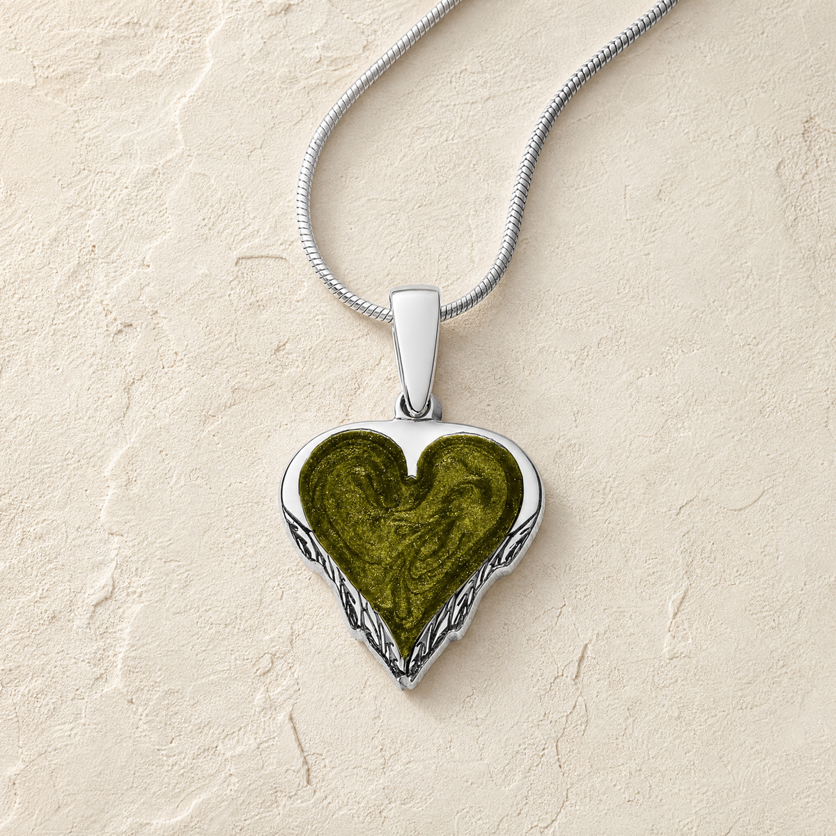 Solid 14K White Gold Feathered Heart with Sage Ash Resin Jewelry