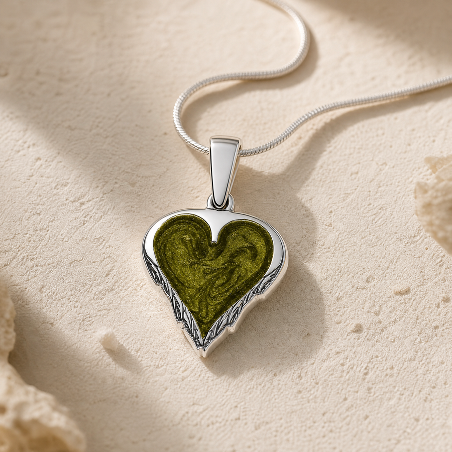 Solid 14K White Gold Feathered Heart with Sage Ash Resin Jewelry