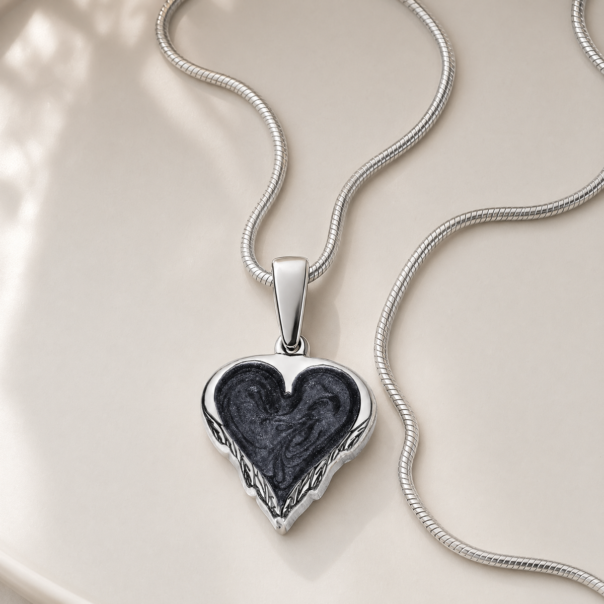Solid 14K White Gold Feathered Heart Sterling Silver with Slate Ash Resin Jewelry