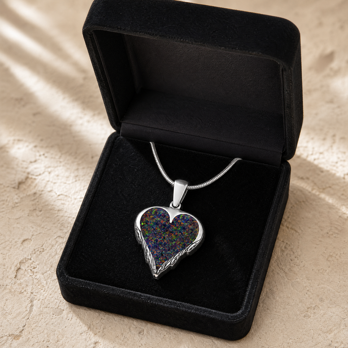 Solid 14K White Gold Feathered Heart with Black Flame Opal Ash Resin Jewelry