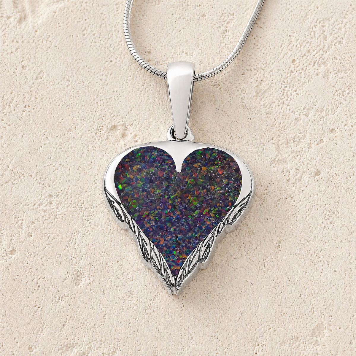 Solid 14K White Gold Feathered Heart with Black Flame Opal Ash Resin Jewelry