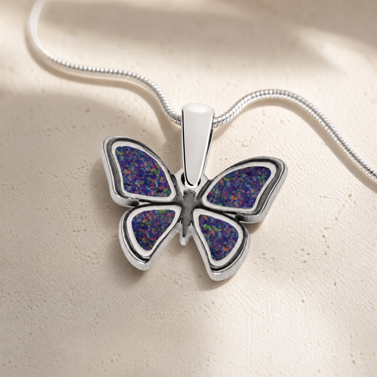 Lovable Butterfly Sterling Silver with Black Flame Opal Ash Resin Jewelry