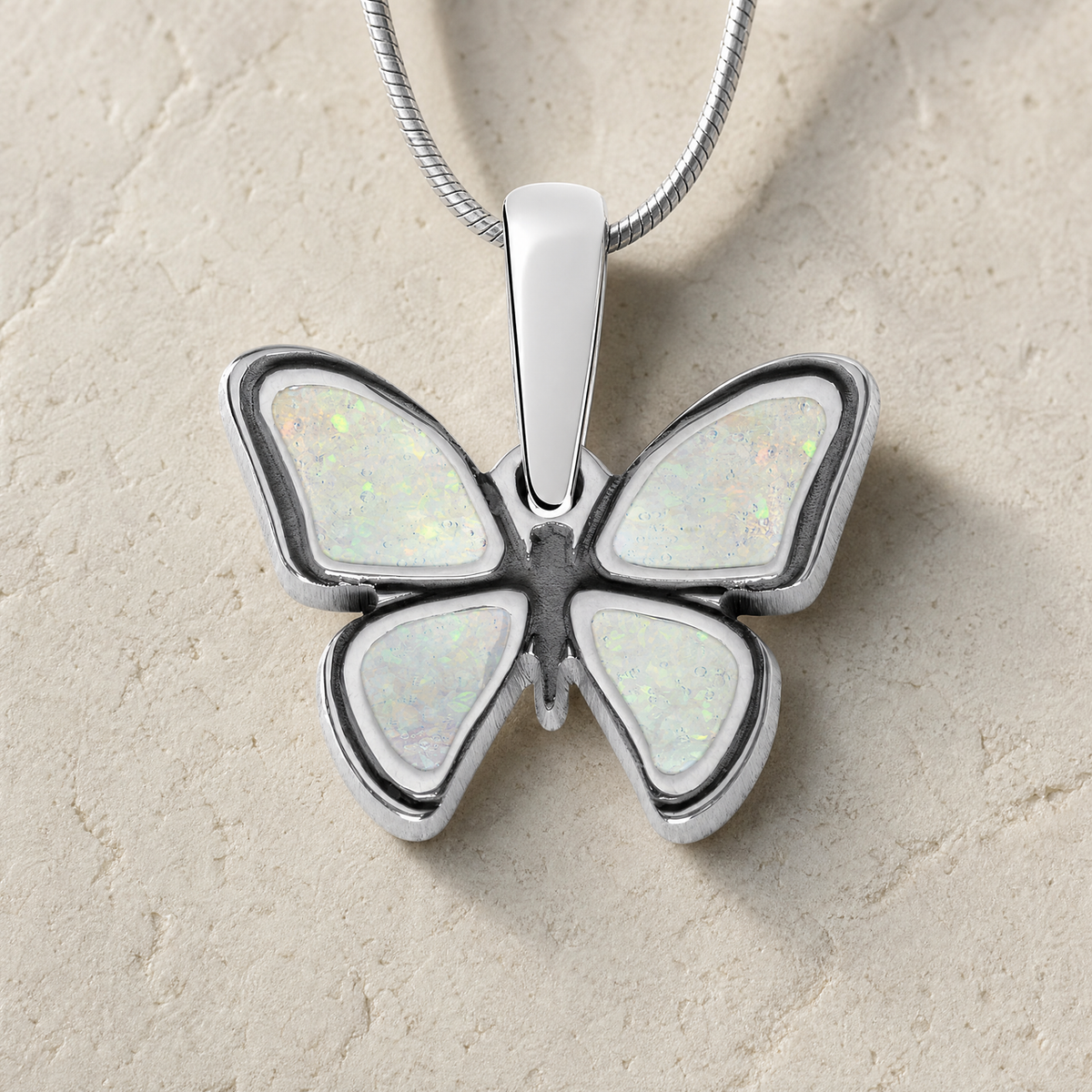 Solid 14K White Gold Lovable Butterfly with Crushed Cream Opal Ash Resin Jewelry