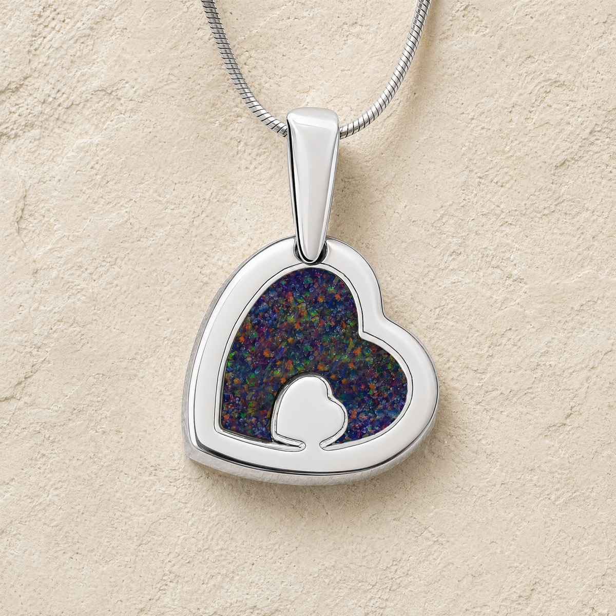 Two Of A Kind Heart Sterling Silver with Black Flame Opal Ash Resin Jewelry