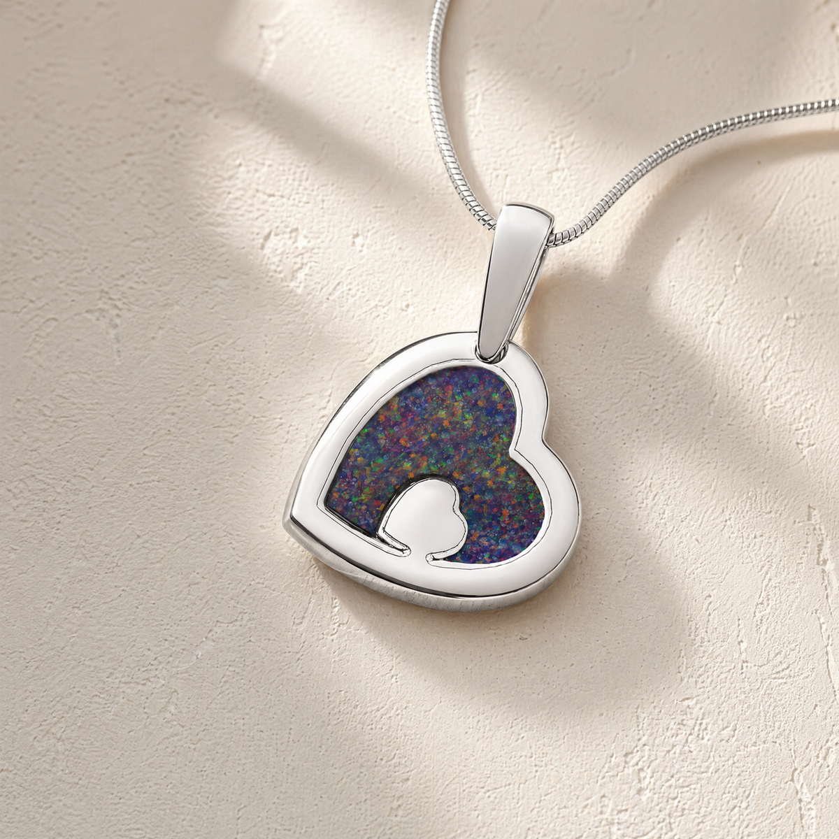 Two Of A Kind Heart Sterling Silver with Black Flame Opal Ash Resin Jewelry