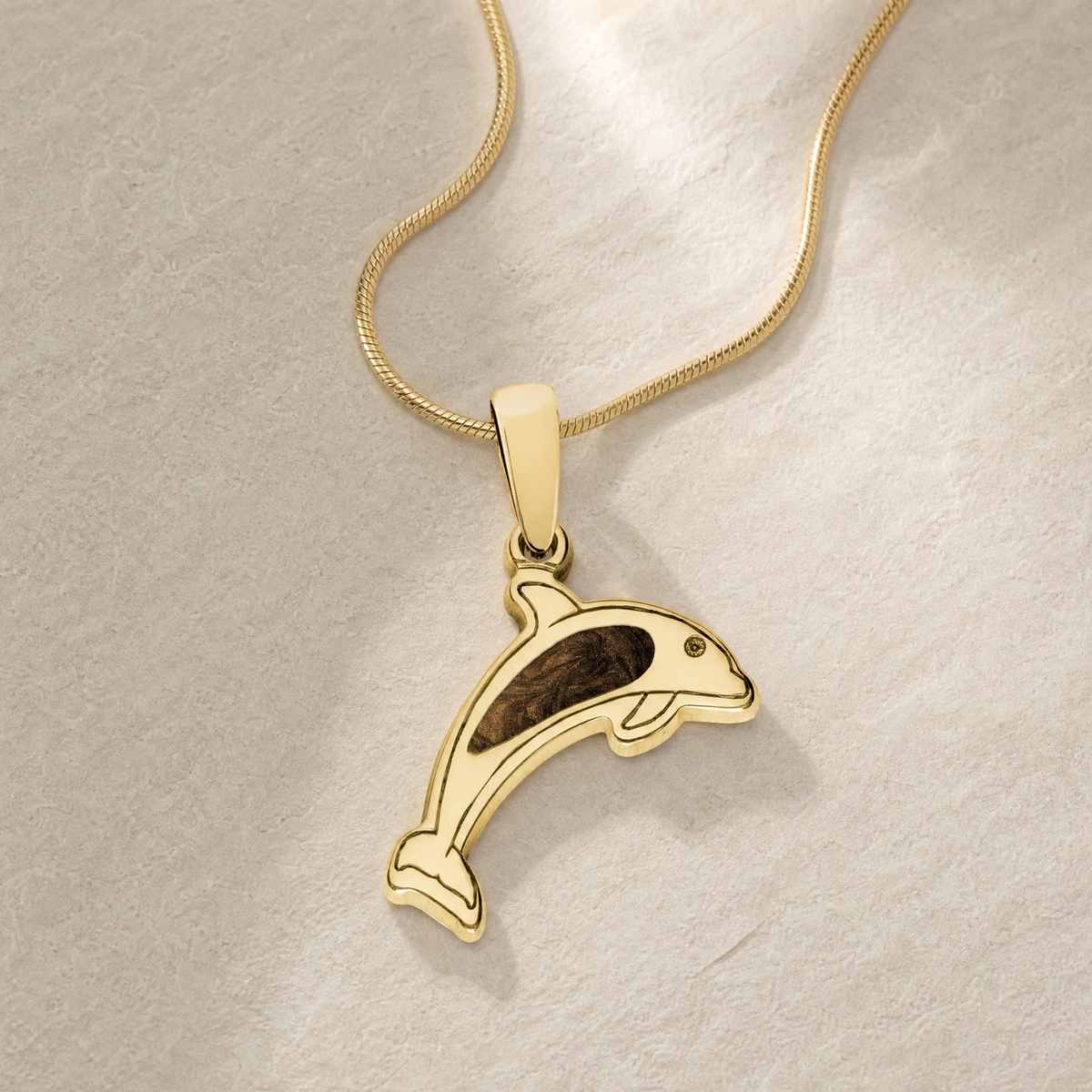 Solid 14K Gold Jubilant Dolphin with Carob Ash Resin Jewelry